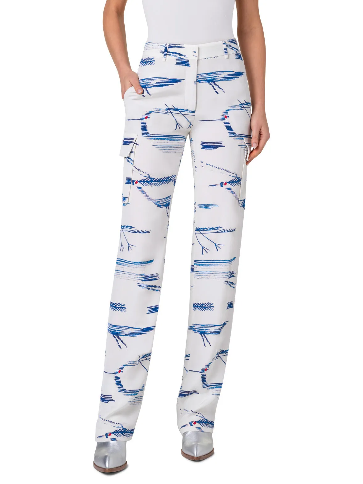 Silk Bird Print Cargo Pants