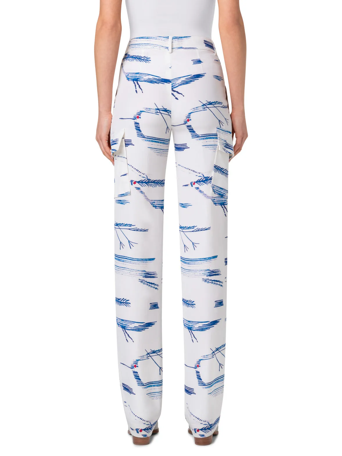 Silk Bird Print Cargo Pants