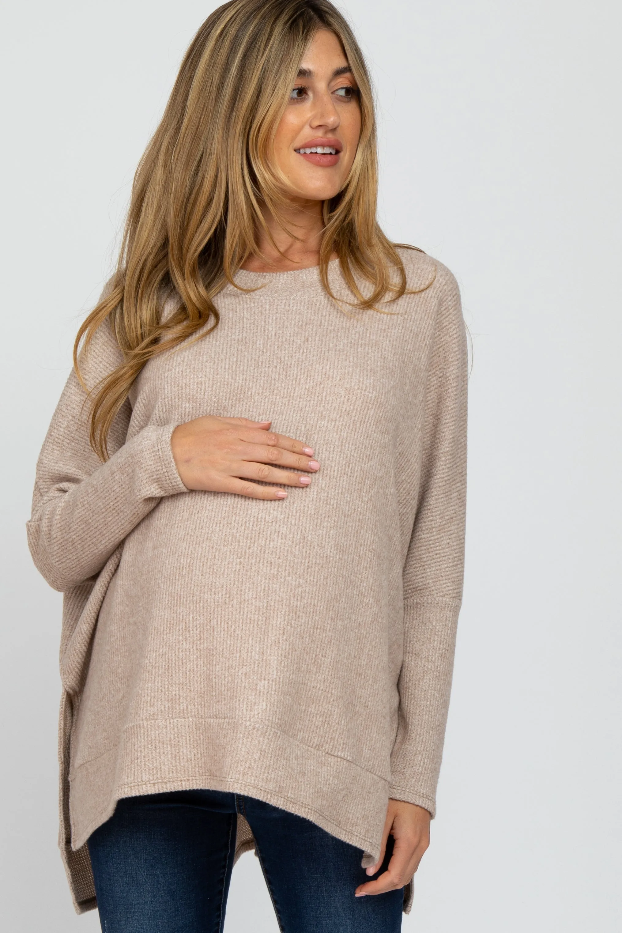 Soft Knit Long Sleeve Maternity Top in Beige