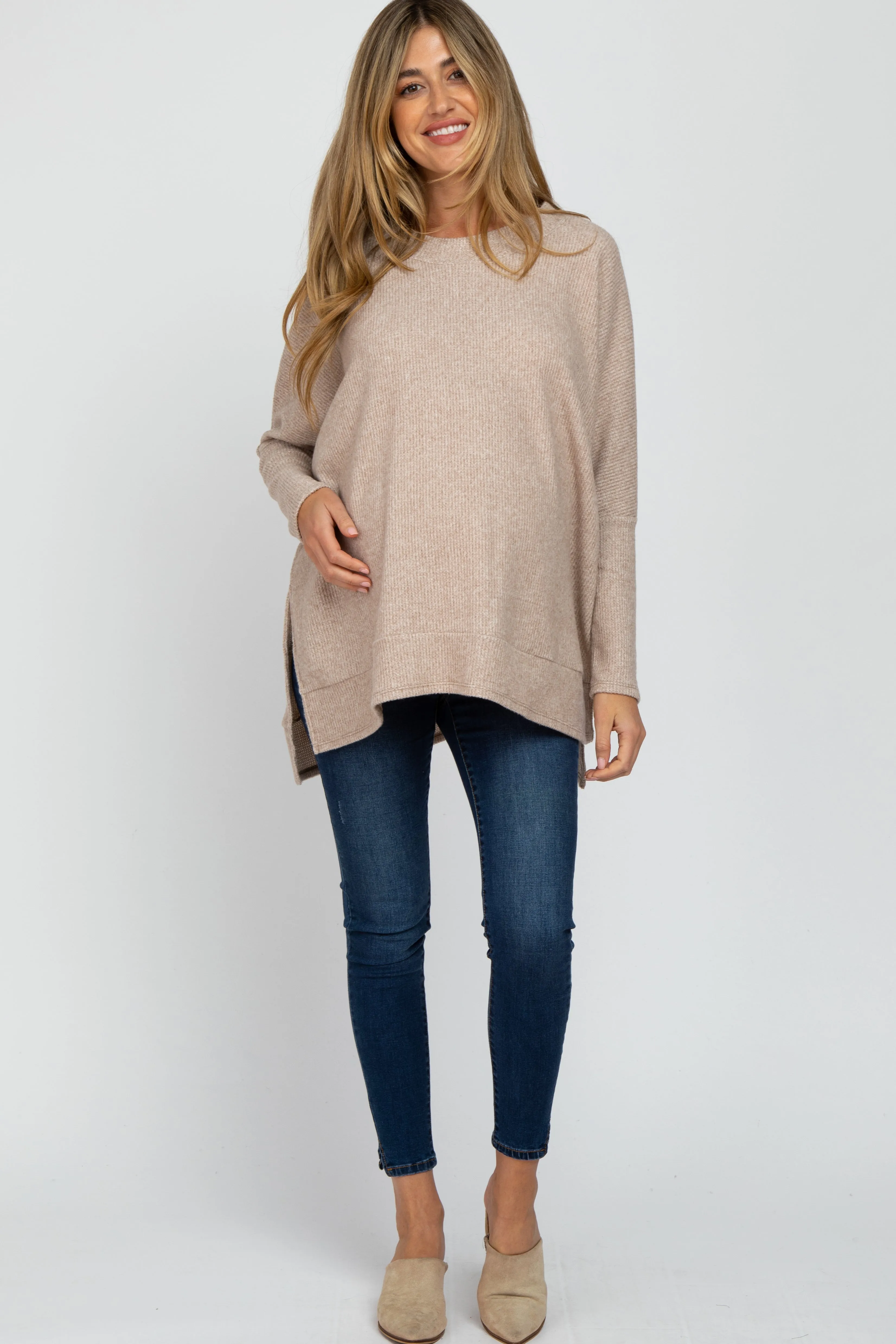 Soft Knit Long Sleeve Maternity Top in Beige