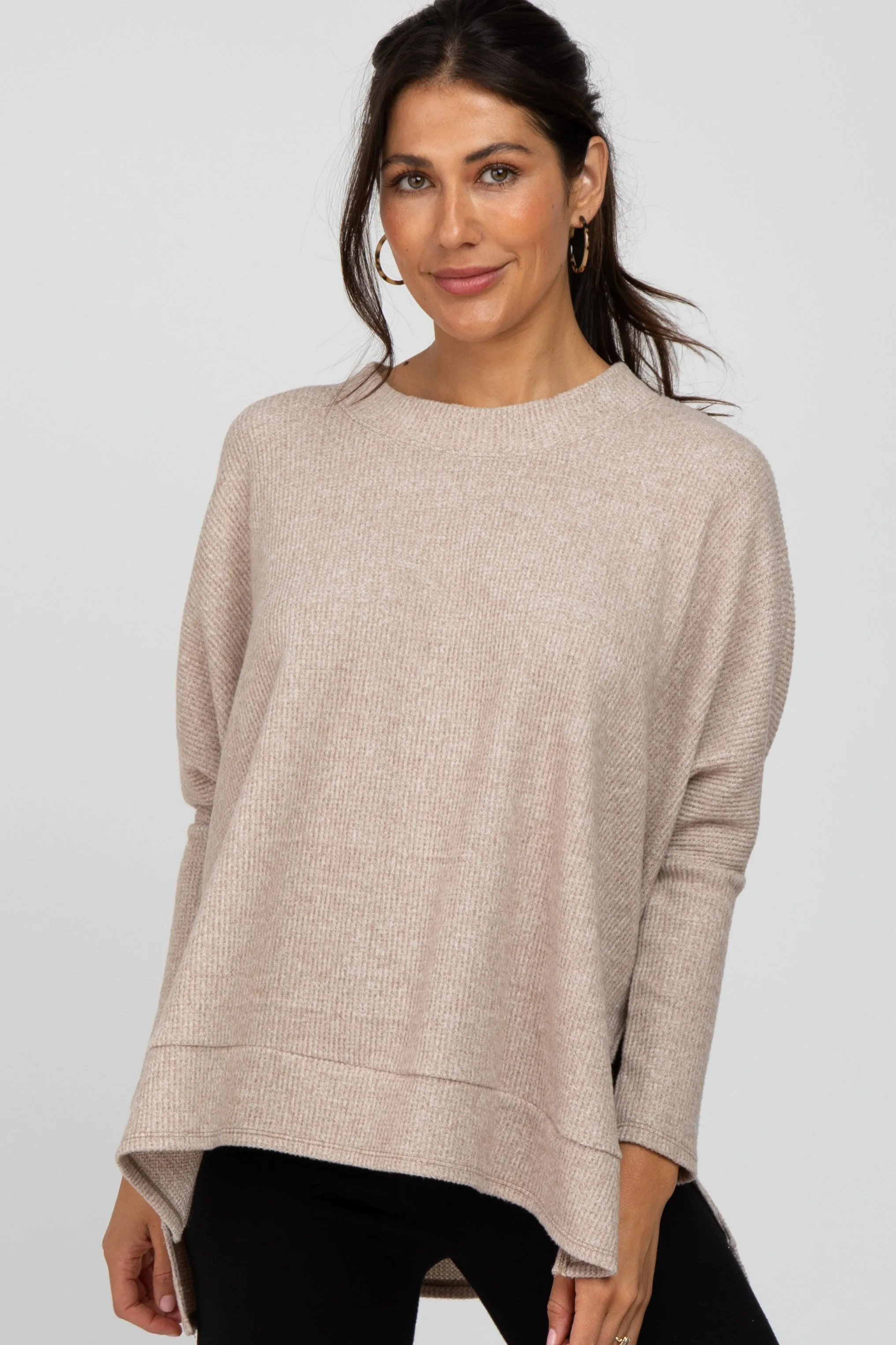 Soft Knit Long Sleeve Maternity Top in Beige