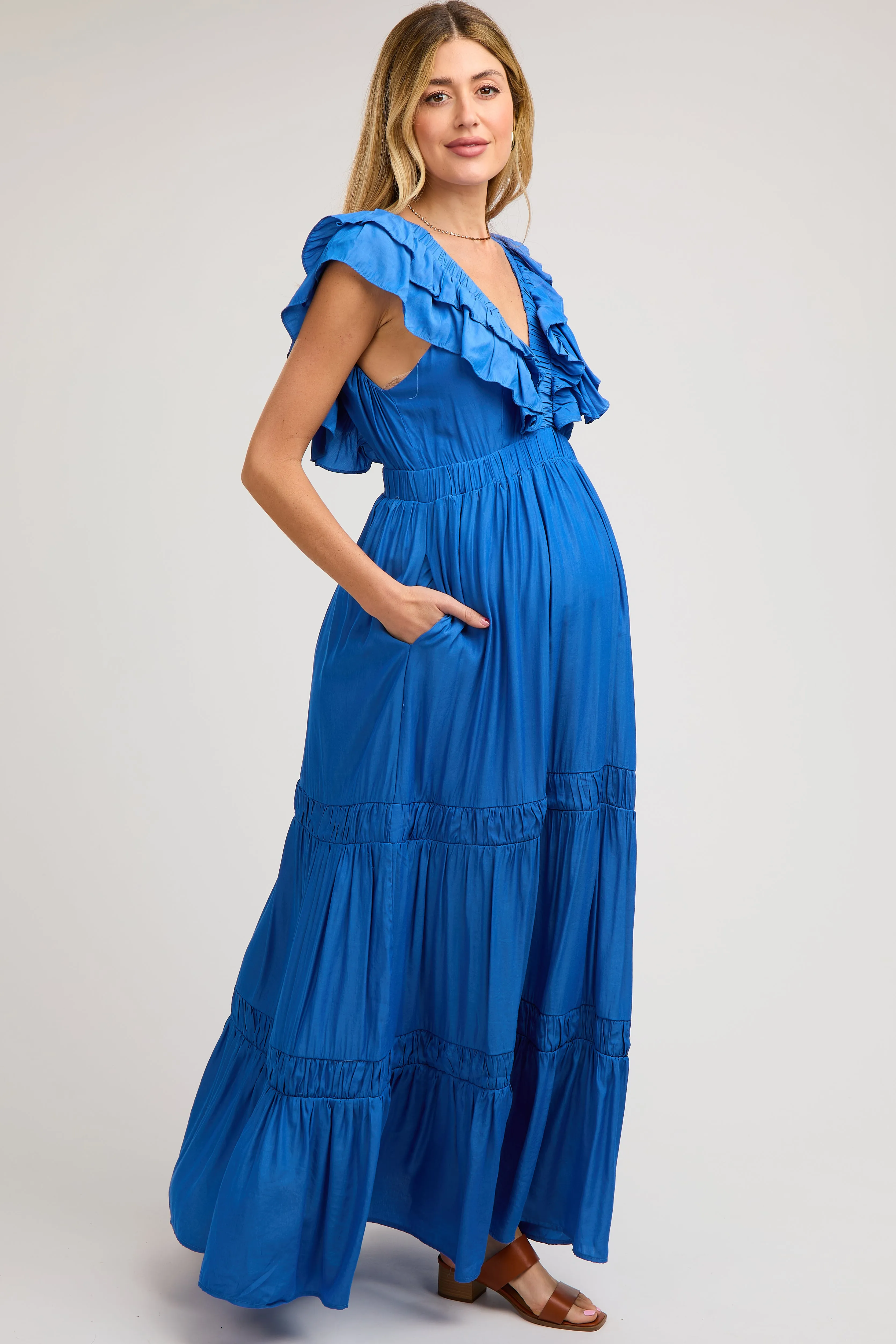 Maternity Maxi Dress with Blue Ruffle Layers