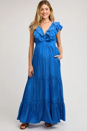 Maternity Maxi Dress with Blue Ruffle Layers