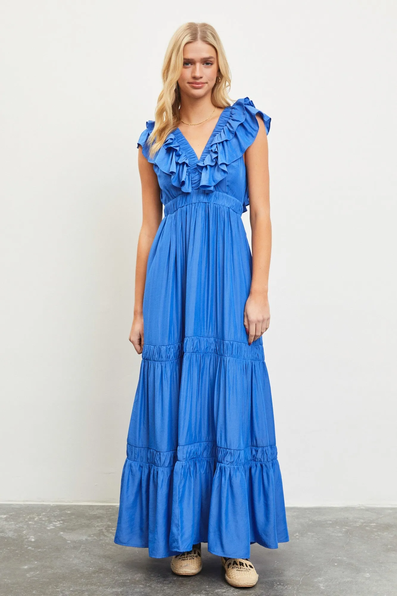 Maternity Maxi Dress with Blue Ruffle Layers