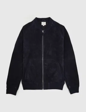 Dark Navy Blue Suede Bomber Jacket