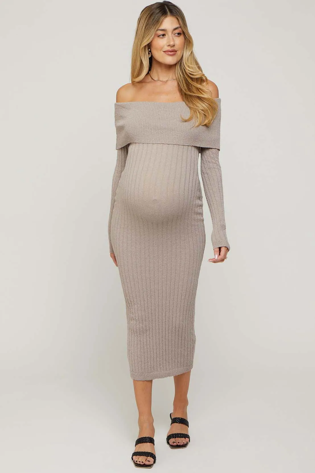 Taupe Rib Knit Off Shoulder Maternity Dress