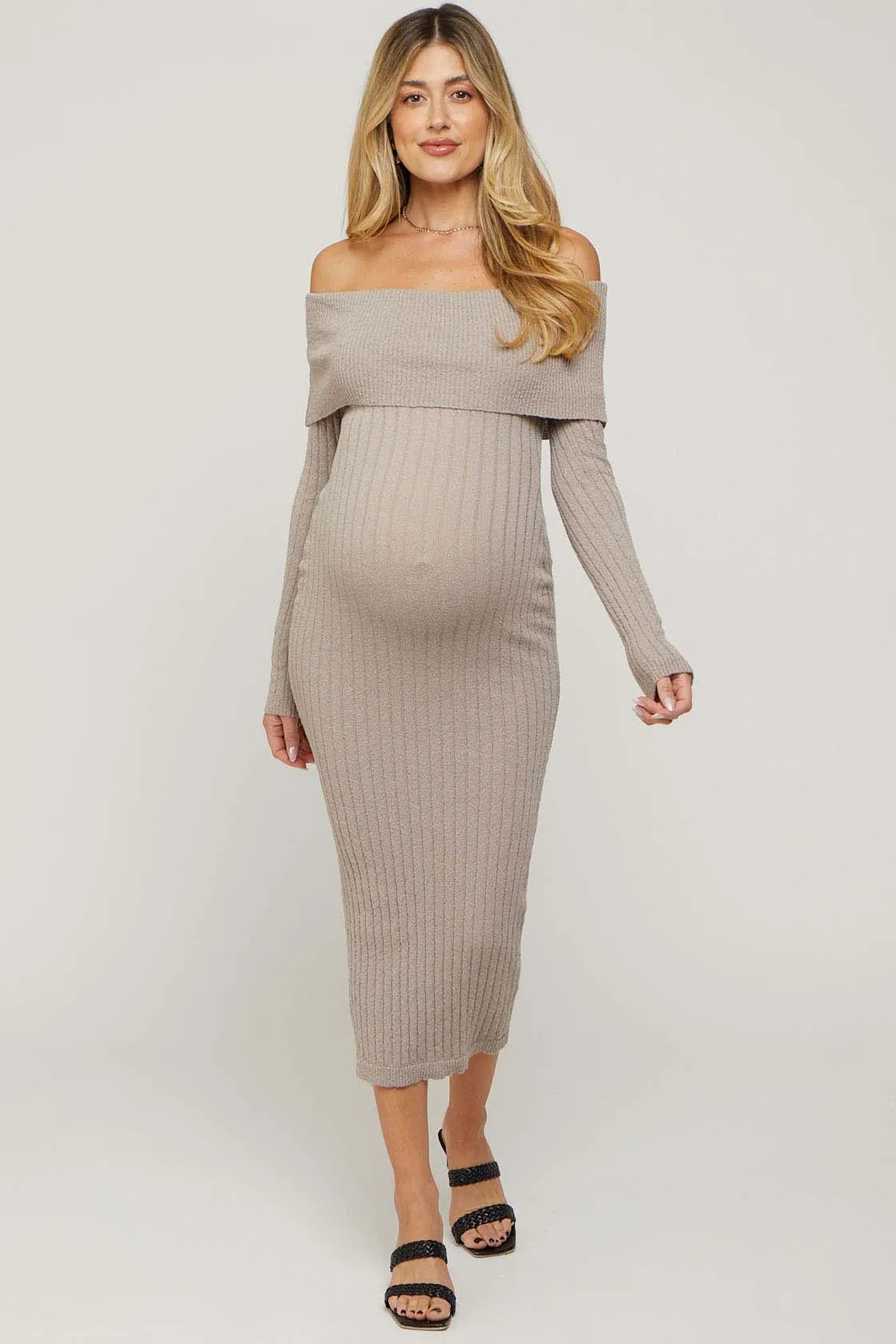 Taupe Rib Knit Off Shoulder Maternity Dress