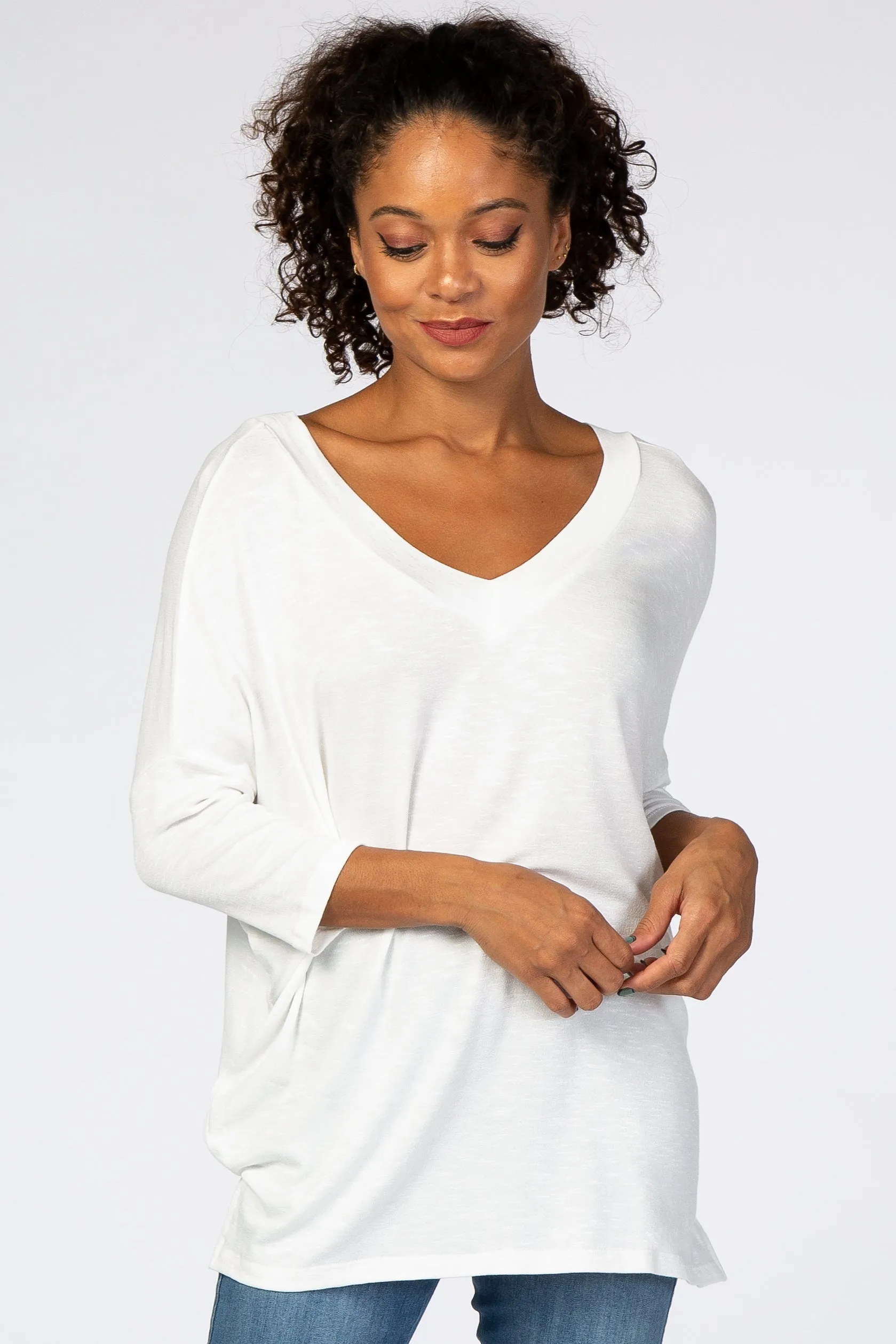 White V Neck Dolman Sleeve Blouse