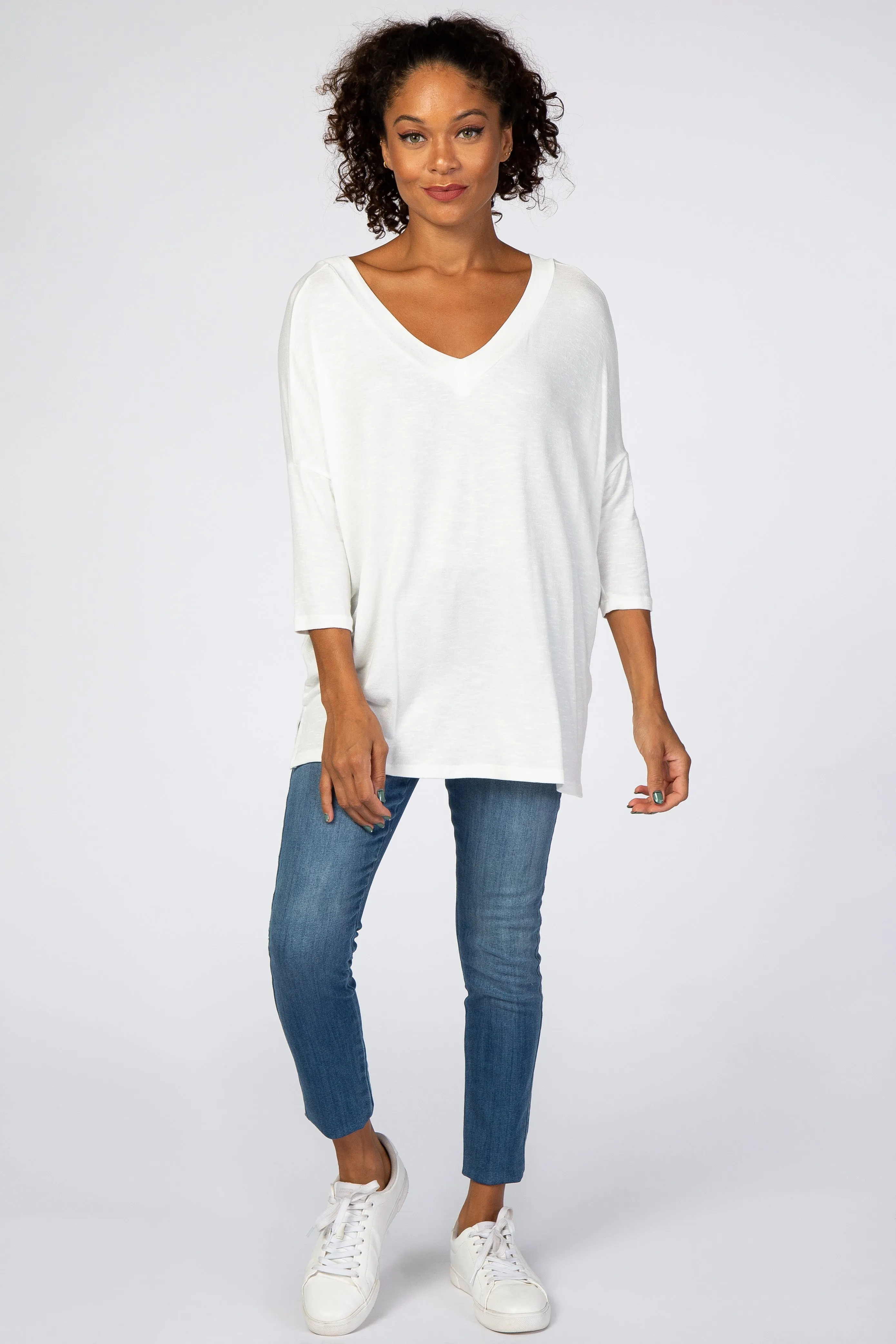 White V Neck Dolman Sleeve Blouse