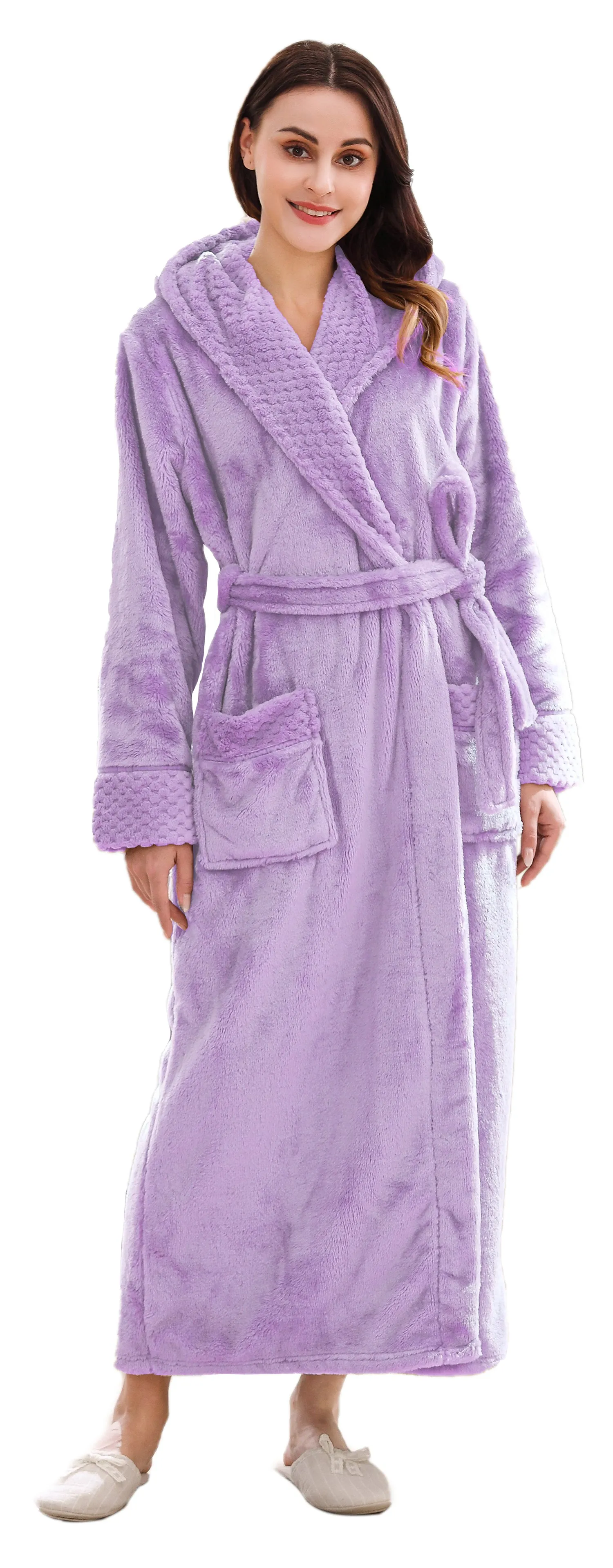 Long Hooded Plush Fleece Winter Bathrobe for Women