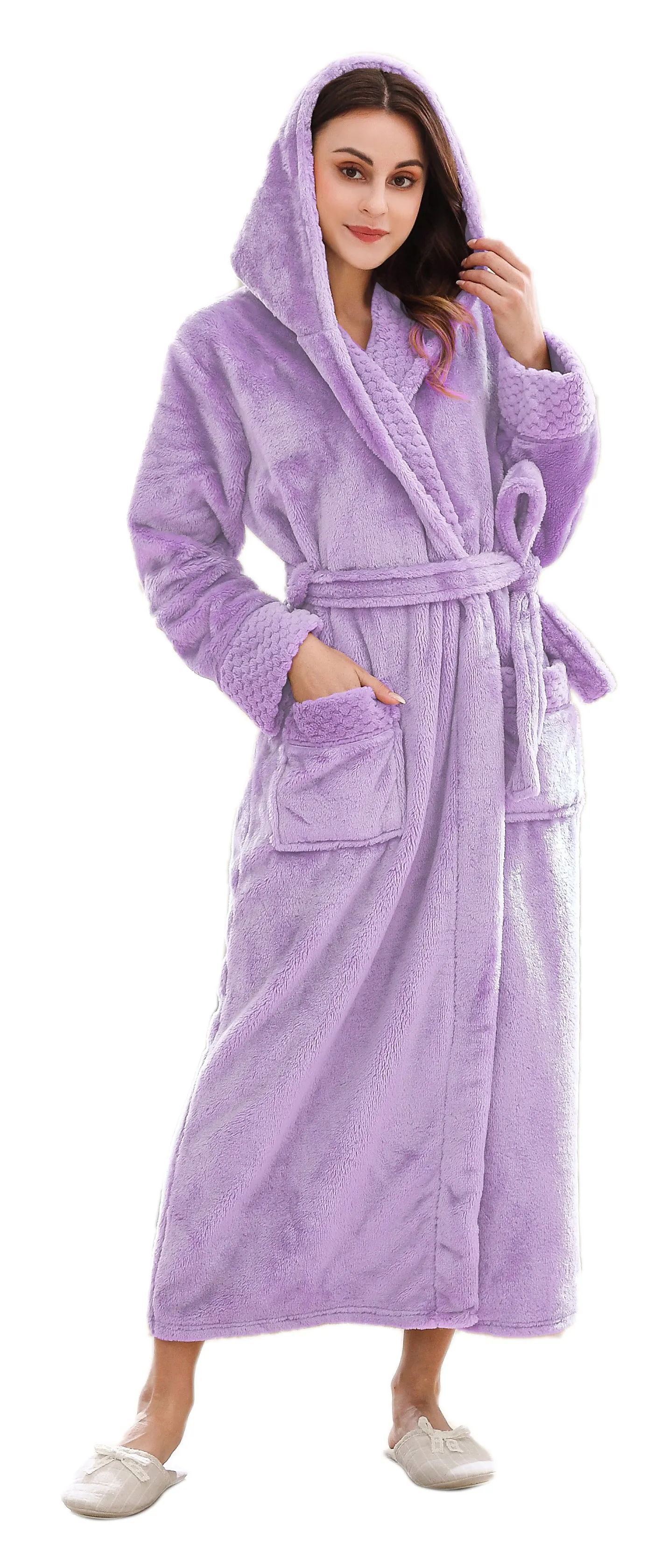 Long Hooded Plush Fleece Winter Bathrobe for Women