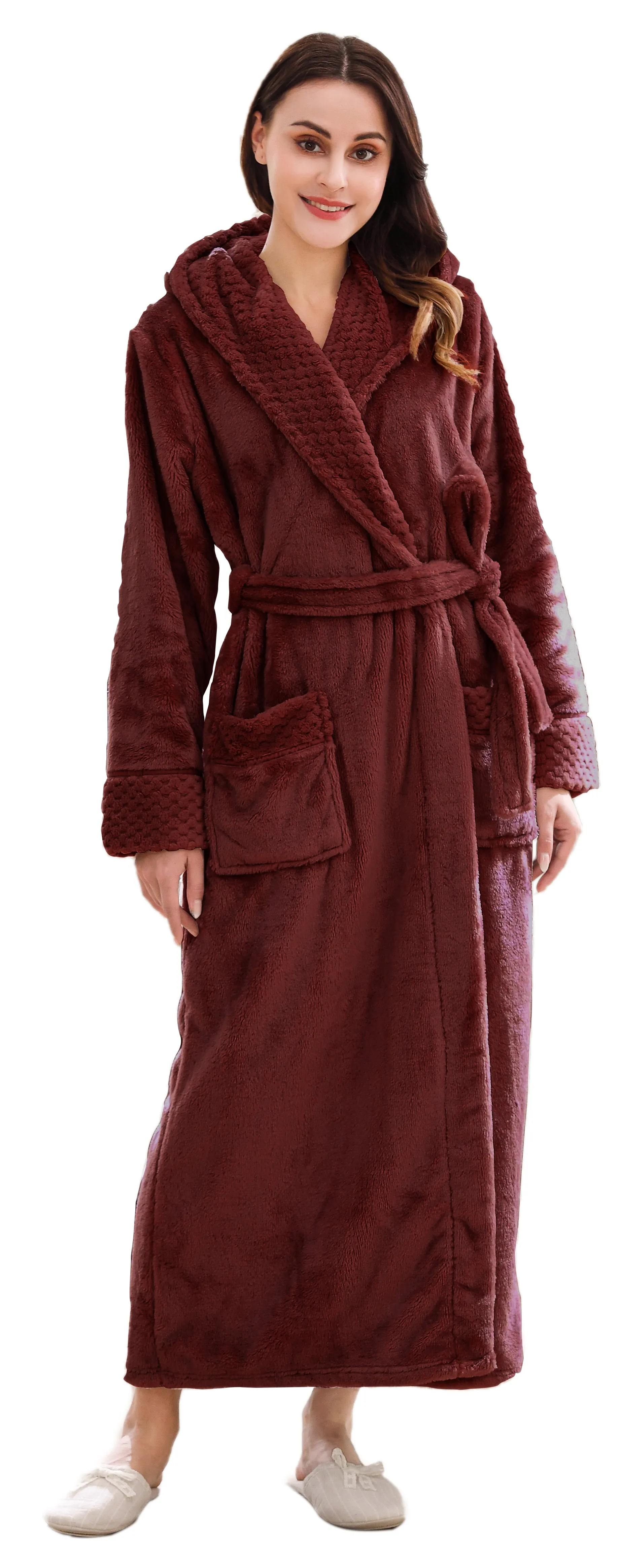 Long Hooded Plush Fleece Winter Bathrobe for Women