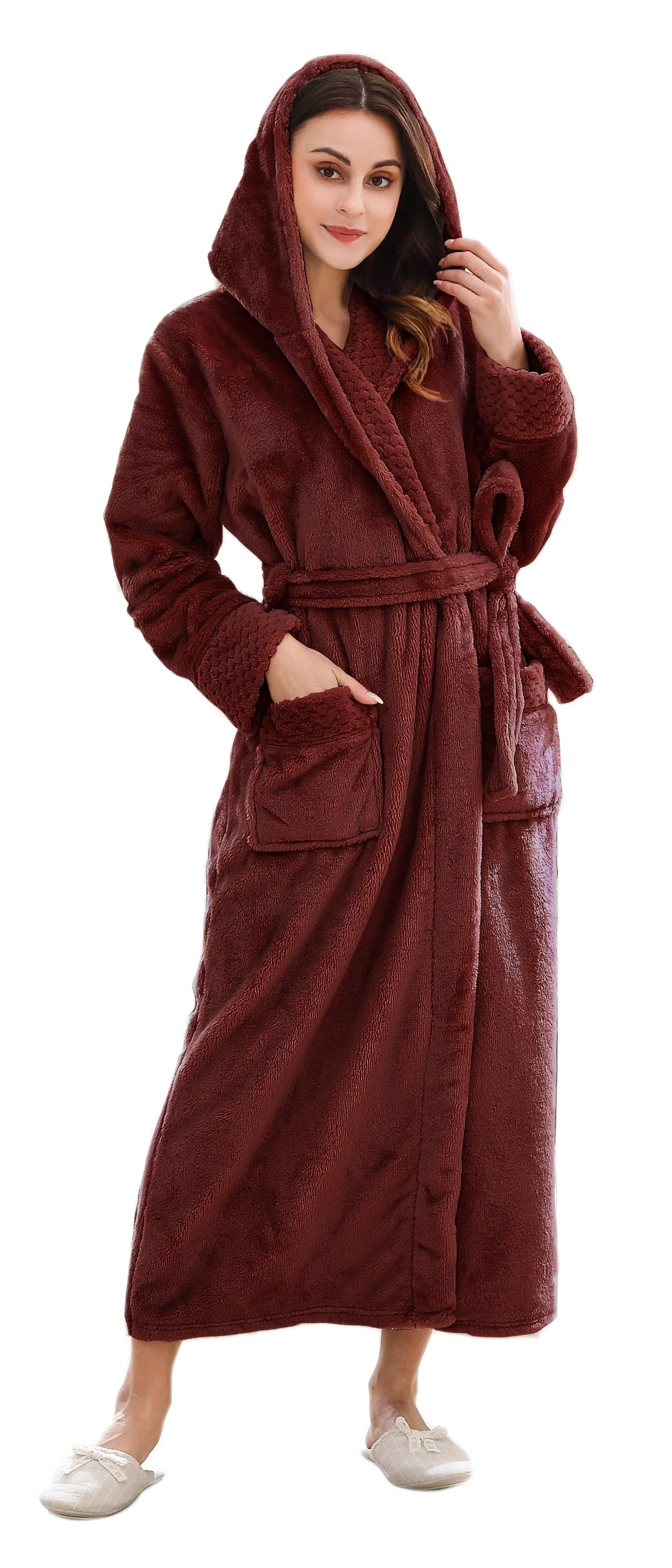 Long Hooded Plush Fleece Winter Bathrobe for Women