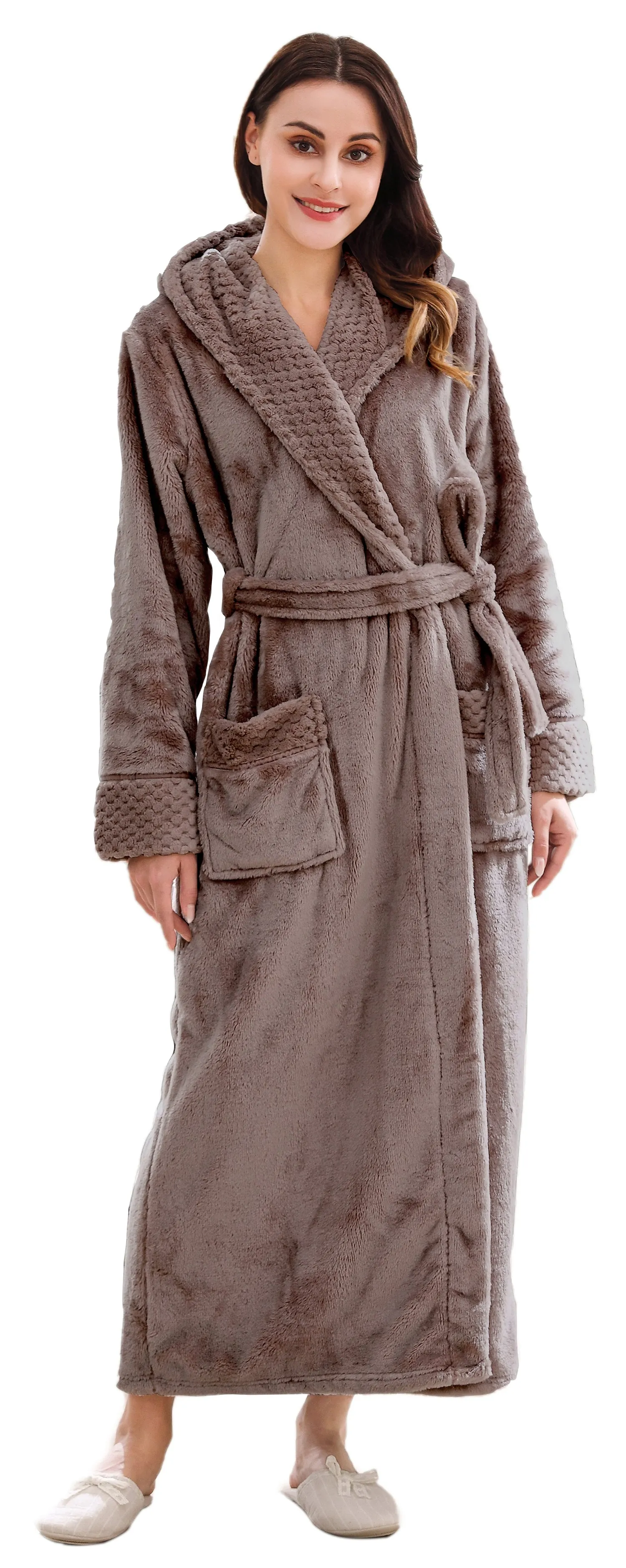 Long Hooded Plush Fleece Winter Bathrobe for Women