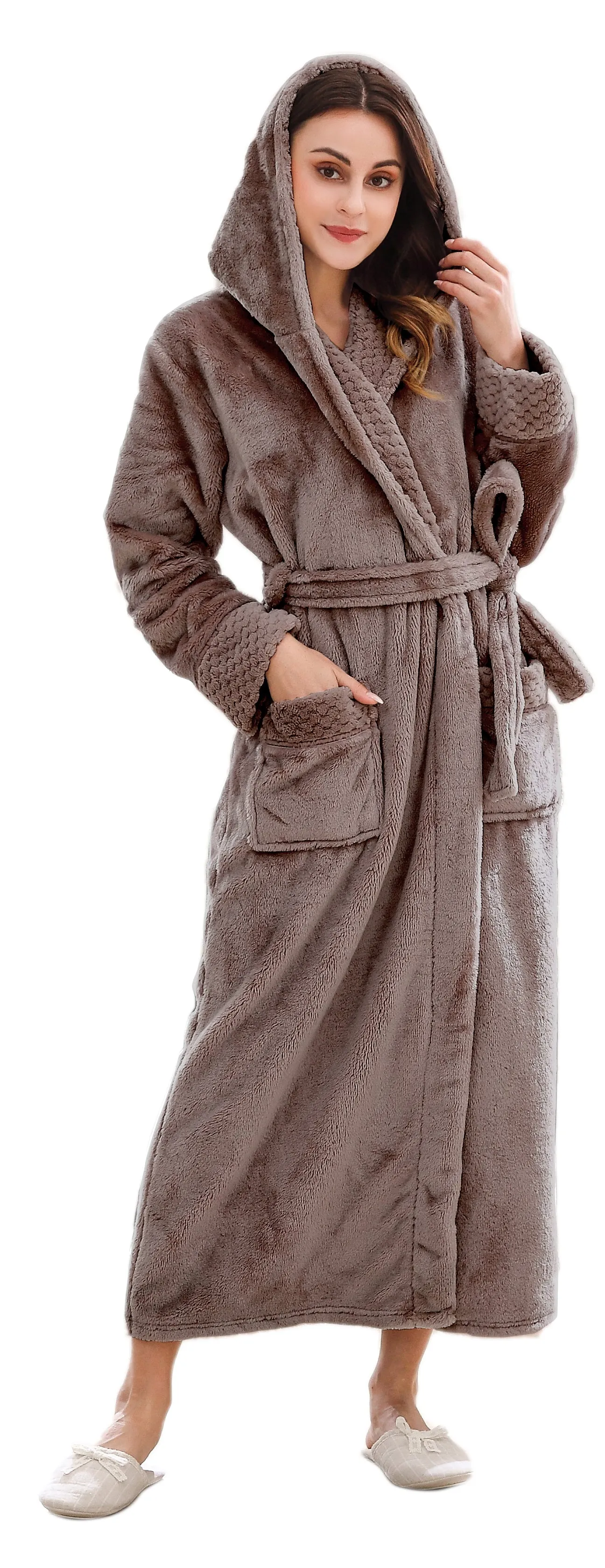 Long Hooded Plush Fleece Winter Bathrobe for Women