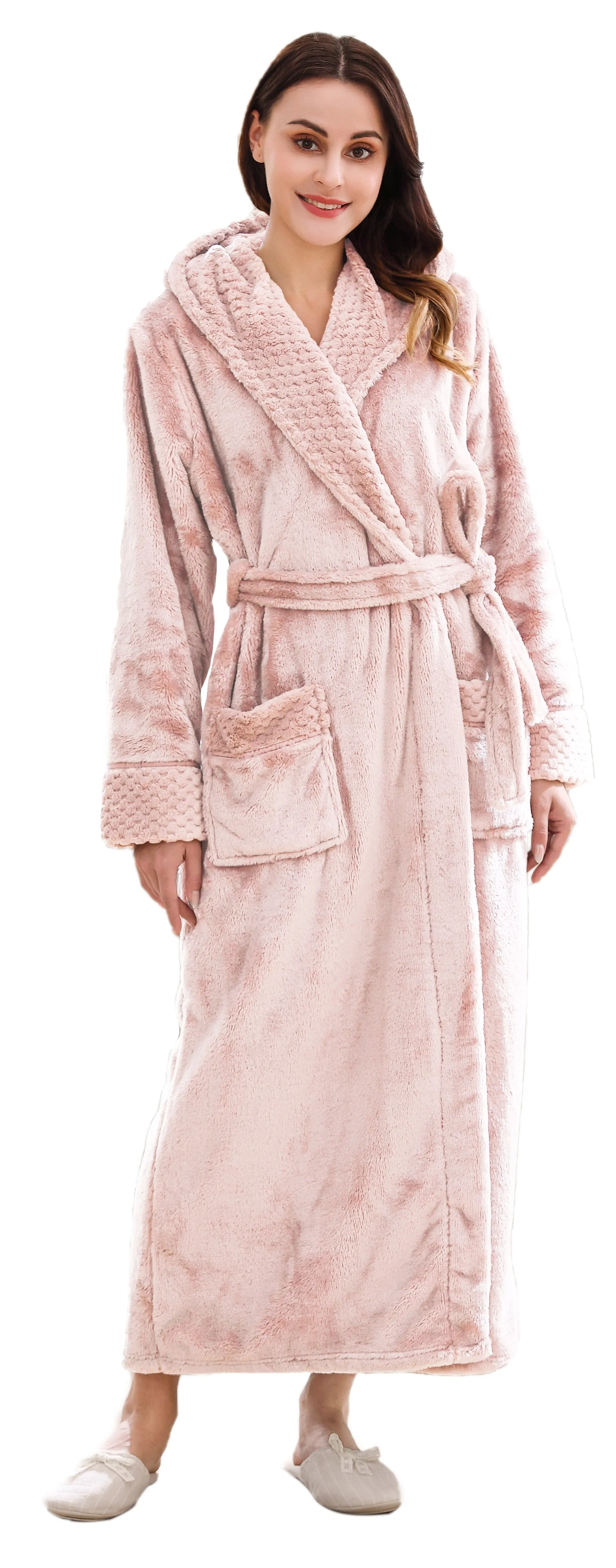 Long Hooded Plush Fleece Winter Bathrobe for Women