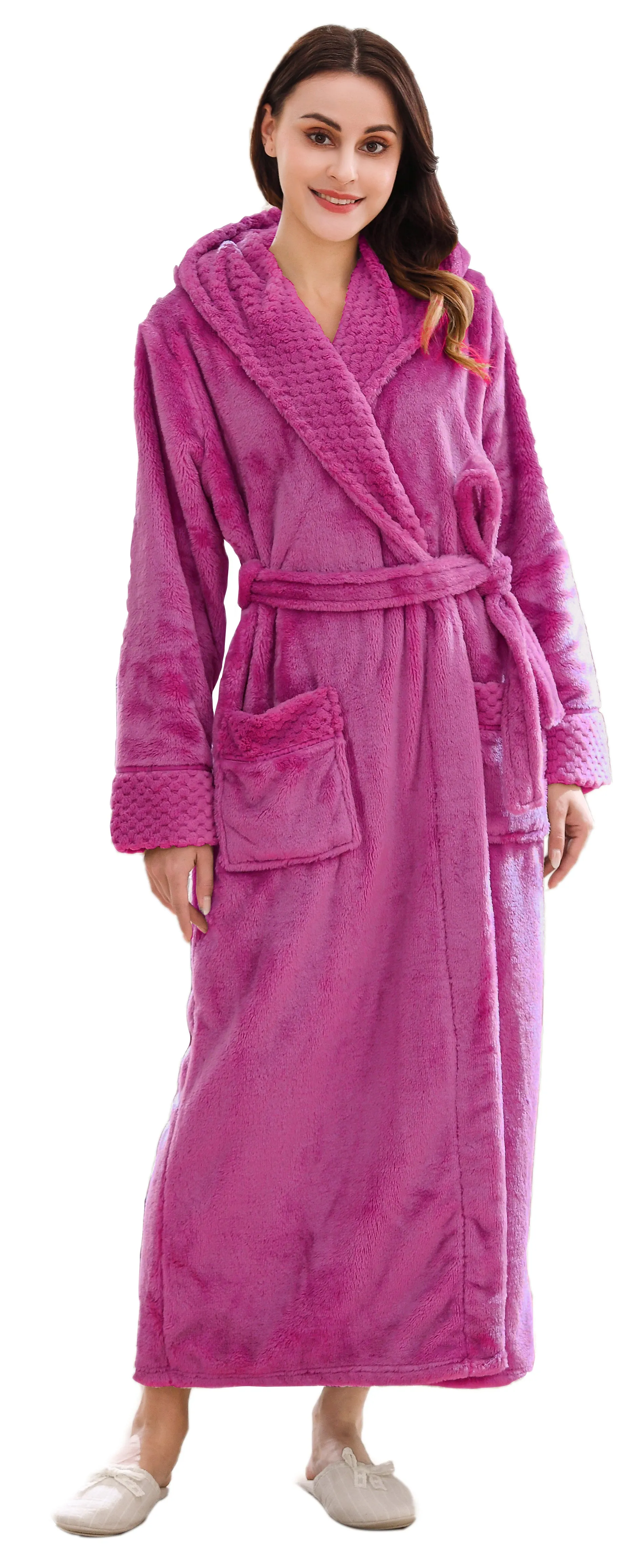 Long Hooded Plush Fleece Winter Bathrobe for Women