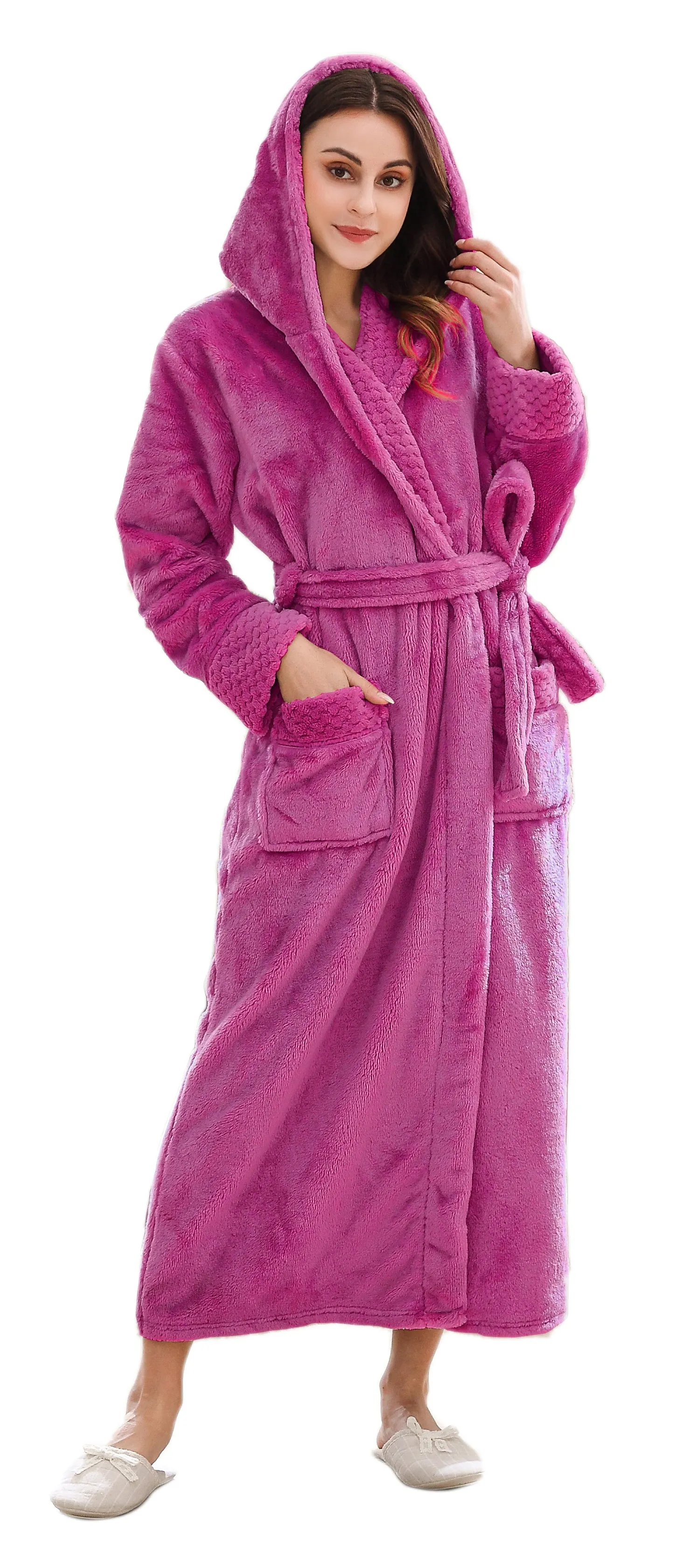 Long Hooded Plush Fleece Winter Bathrobe for Women