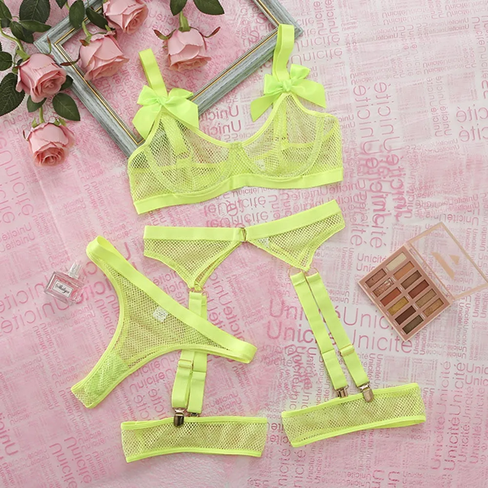 Neon Mesh Bowknot 5pcs Lingerie with Socks Women's Boutique