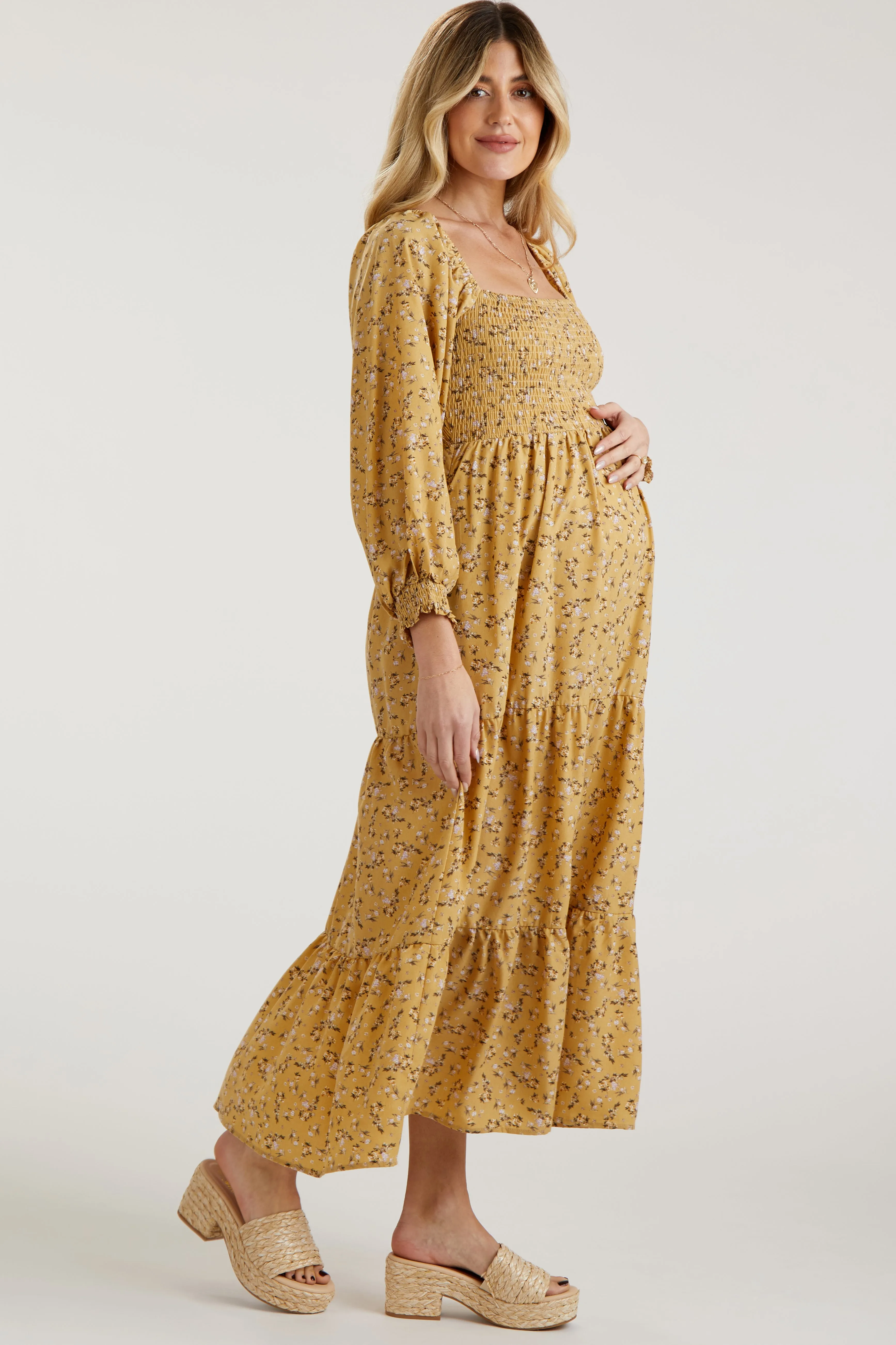 Yellow Floral Smocked Long Sleeve Maternity Dress