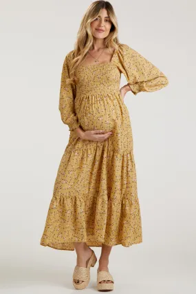 Yellow Floral Smocked Long Sleeve Maternity Dress