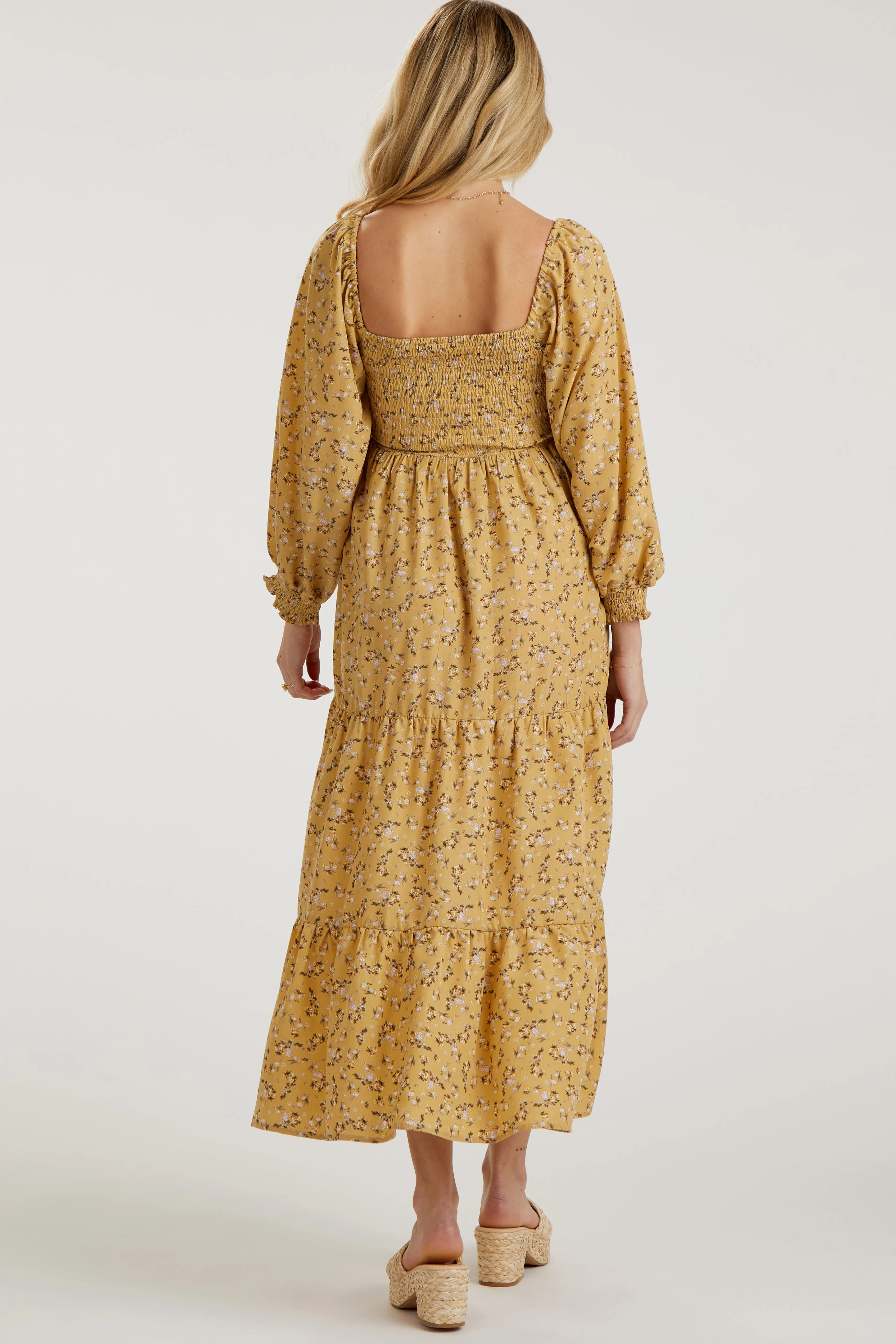 Yellow Floral Smocked Long Sleeve Maternity Dress