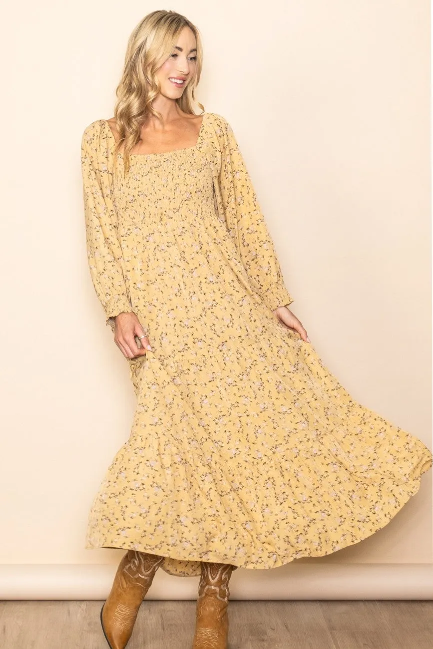 Yellow Floral Smocked Long Sleeve Maternity Dress