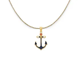 14k Yellow Gold Red, White and Blue Enameled Anchor Necklace